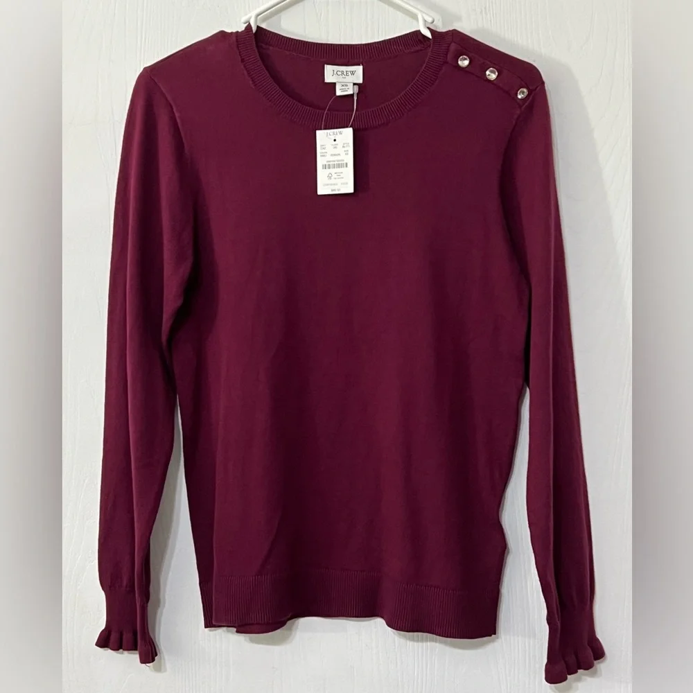 J. Crew Rhinestone Ruffle Sweater Burgundy